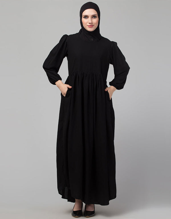 Trendy 3 pcs set of Abaya Khimer and Nose piece In Black Front View